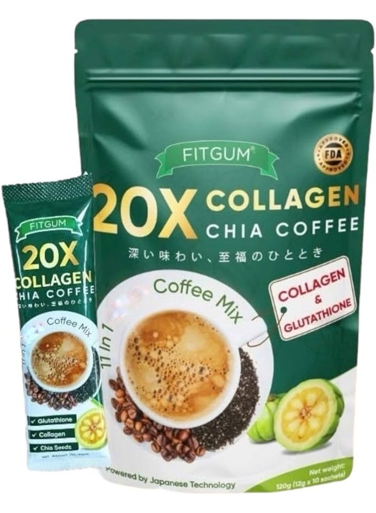 Collagen Chia Coffee Mix | Instant Coffee with Collagen, Chia Seeds & Garcinia | Stevia Sweetened | Non-Dairy | 10 Sachets